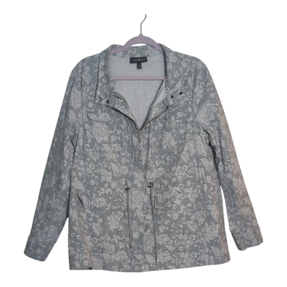 Lane Bryant 14/16 Mid Length Gray Floral Utility Jacket Drawing Waist Outdoor
